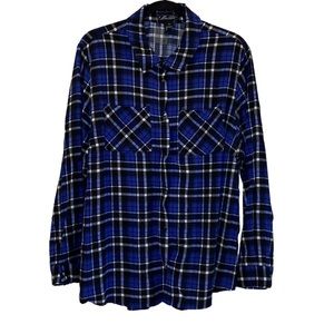 Miss Lili Women's Plus Size 2X Blue Black Plaid Snap Button Up Long Sleeve Top